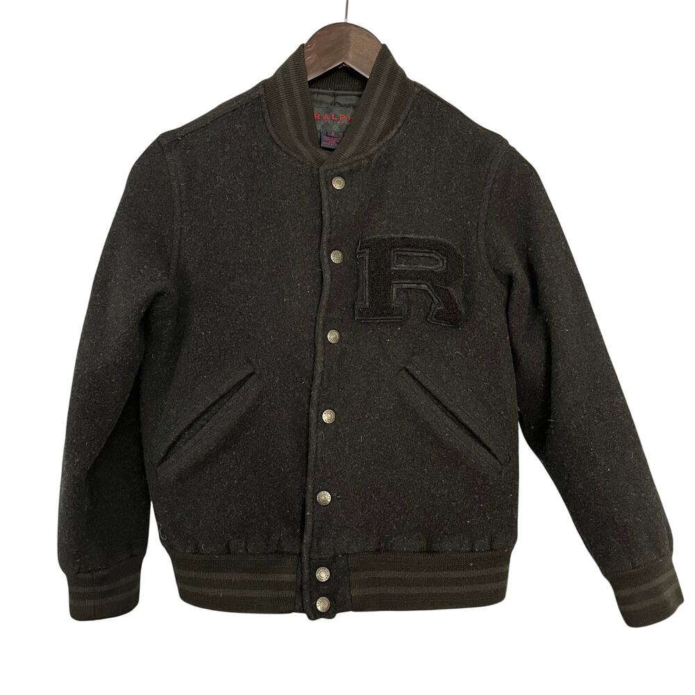 Ralph Lauren Wool Varsity Letterman Jacket Black Chenille R Youth XL Women S